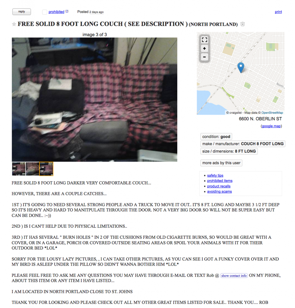 FREE SOLID 8 FOOT LONG DARKER VERY COMFORTABLE COUCH
